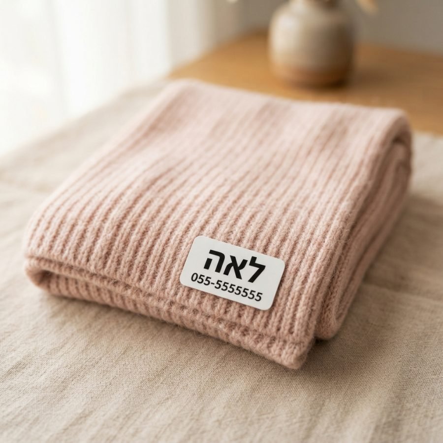 תווית שם על צעיף ורוד